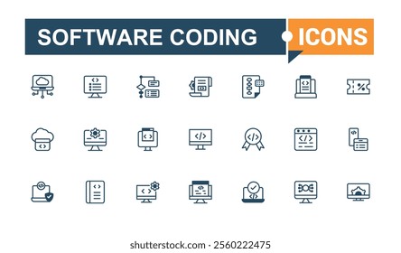 Software Coding icon set. Featuring binary, programming, java, computer, application, algorithm, work, technology. Perfect for logos and infographics. Solid line editable stroke.