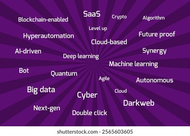 Software company corporate buzzwords loved by managers, disliked by employees. Modern IT tech corporation language - blockchain, AI, crypto and SaaS.