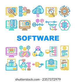 equipo de software, iconos de ingeniería conjunto vector. tecnología de código, negocios de oficina, código de persona, programador de trabajo web de software de internet computador, ingeniero ilustraciones de línea de color