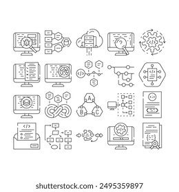 software compute, engineer icons set vector. code technology, office business, people man coder, work programmer website internet software compute, engineer black contour illustrations