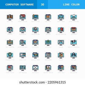 Software Computer filled line color icons. Set of coding, website, video player, music and more. Can use for digital product, presentation, UI and many more. Vector illustration on a white background.