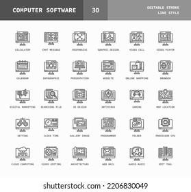 Software Computer line icons. Editable stroke and pixel perfect. Set of coding, website, video player and more. Can used for digital product, presentation, UI and many more.