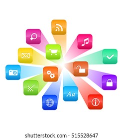 Software concept: vector cloud of colorful program icons isolated on white background