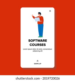 Software Courses Visit Programmer Student Vector. Young Man With Laptop Computer Visiting And Study Software Courses. Character Guy Educational Lecture Web Flat Cartoon Illustration