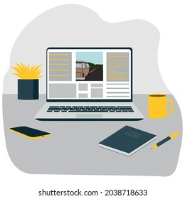 Software for creating illustrations on a laptop. Workplace for a freelancer and illustrator, designer. Flat vector illustration
