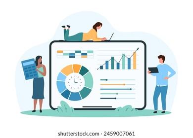 Software para análisis de datos, análisis de marketing e informe de estadísticas en App móvil. Personas pequeñas analizando gráficos infográficos y gráficos de rendimiento en la pantalla de la tableta de Ilustración vectorial de dibujos animados