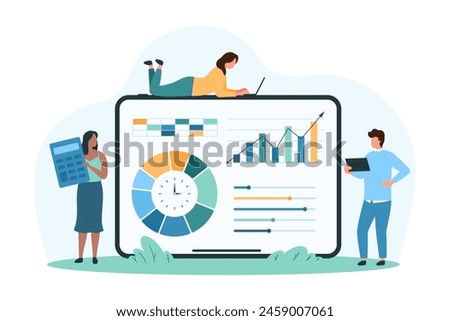 Software for data analysis, marketing analytics and statistics report in mobile app. Tiny people analyzing infographic graphs and charts performance on tablet screen cartoon vector illustration