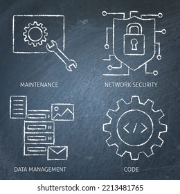 Software data processing, update and protection chalkboard icon set. Data types, system maintenance symbols. Vector illustration.