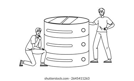 software database performance analyzing vector. analysis report, finance process, future architecture software database performance analyzing character. people black line pencil drawing illustration