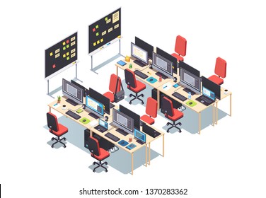 IT software design & development company open space office. Game dev studio with many workplaces, desks, pc, laptops with monitors & planning whiteboard. Flat isometric pseudo 3d vector illustration