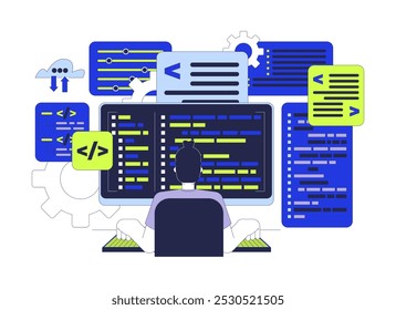 Desarrollador de software concepto de ilustración 2D. Hombre caucásico programador escribiendo códigos de sintaxis de computadora de teclado carácter de dibujos animados aislado en blanco. Metáfora de carrera de codificación abstracta plana Vector gráfico