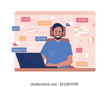 Software-Entwickler 2D Vektorgrafik einzeln. Computerprogrammierer auf Cartoon-Hintergrund eine flache Figur. Programmieren. Farbige bearbeitbare Szene für Mobil, Website, Präsentation