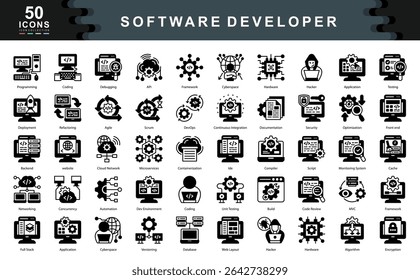 The Software Developer black icon set captures essential aspects of programming, agile workflows, system architecture, and cloud integration ideal for representing modern tech development practices.