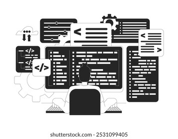 Desarrollador de software concepto de ilustración 2D en blanco y negro. Programador hombre caucásico escribiendo códigos de sintaxis de computadora de teclado esbozo de carácter aislado. Metáfora de carrera de codificación Arte vectorial monocromo