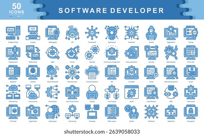 The Software Developer blue icon set captures essential aspects of programming, agile workflows, system architecture, and cloud integration ideal for representing modern tech development practices.