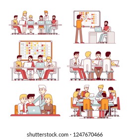 Software developer & business people teams working together at conference tables programming, planning, discussing work set. Programmer using SCRUM board. Flat linear characters vector illustration