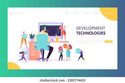 Software Developer Character Technology Landing Page. Web Development Programmer Work at Office Computer. Proffesional Java Team Agency Environment for Website or Banner Flat Vector Illustration