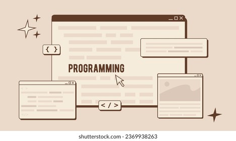 Desarrollador de software o pruebas de código. Concepto de desarrollo de sitios web en colores retro a la moda. Codificación de secuencias de comandos, diseño de ux web ui y programación. Ilustración plana vectorial.