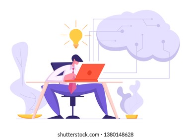 Software Developer Coding with Laptop. Artificial Intelligence, Digital Mind Concept with Male Character Project Manager Programming Website. Vector flat cartoon illustration