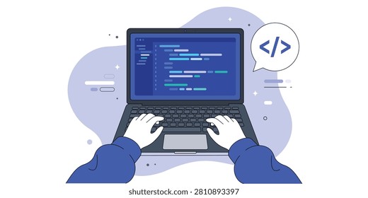 Software developer coding on laptop with programming interface illustrating web development application engineering source code technology education digital innovation and modern computer workspace concepts.