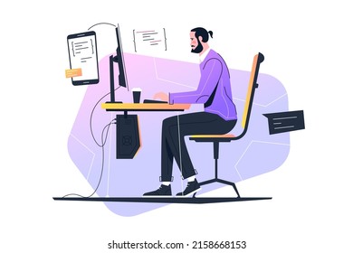 Software developer or computer programmer, web development vector illustration. Professional employee at laptop flat concept