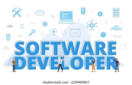 software developer concept with big words and people surrounded by related icon spreading with modern blue color style