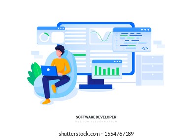 Software Developer concept with character. Can use for web banner, infographics, hero images. Flat vector illustration isolated on white background.