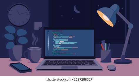 Software developer concept with coding on laptop screen filled with a clean interface, showcasing a remote tech workspace in the digital development world, flat vector illustration design