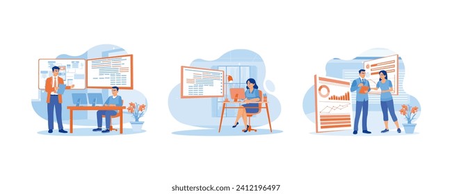 Software developer concept. Electronics development engineer showing the new project. Write code to develop software. set flat vector modern illustration 