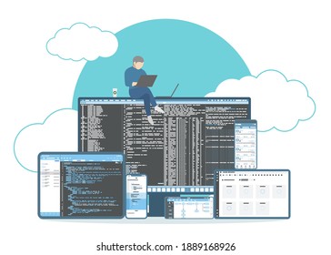 Software developer concept. He is working in software with many devices. Vector background illustration.