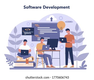 Software developer concept. Idea of programming and coding, system development. Digital technology. Software developing company writing code. Isolated vector illustration