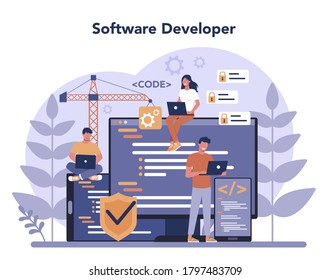 Software developer concept. Idea of programming and coding, system development. Digital technology. Software developing company writing code. Isolated vector illustration