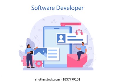 Software developer concept. Idea of programming and coding, system development. Digital technology. Software developing company writing code. Isolated vector illustration