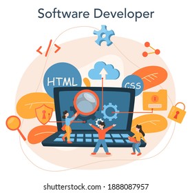Software developer concept. Idea of programming and coding, system development. Digital technology. Software developing company writing code. Isolated vector illustration