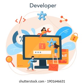 Software developer concept. Idea of programming and coding, system development. Digital technology. Software developing company writing code. Isolated vector illustration