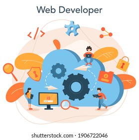 Software developer concept. Idea of programming and coding, system development. Digital technology. Software developing company writing code. Isolated vector illustration