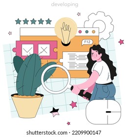 Software developer concept. Idea of programming and coding, system development. Digital technology. Software developing company writing code. Isolated vector illustration