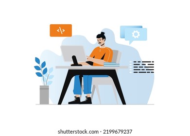 Software developer concept with people scene in the flat cartoon design. Man develops an algorithm to install software for client. Vector illustration.