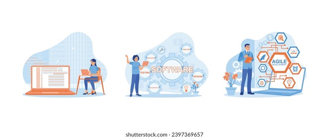 Software developer concept. They are developing programs on software. Computer experts develop software and automate business processes. set trend modern vector flat illustration