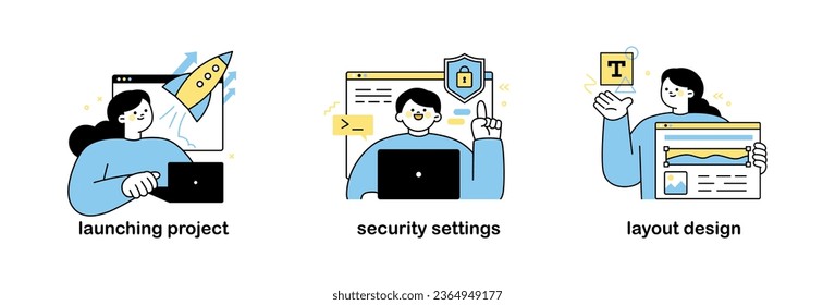 Diseñador de desarrolladores de software. inicio de proyecto, configuración de seguridad, diseño de diseño. ilustración simple del vector de esquema.