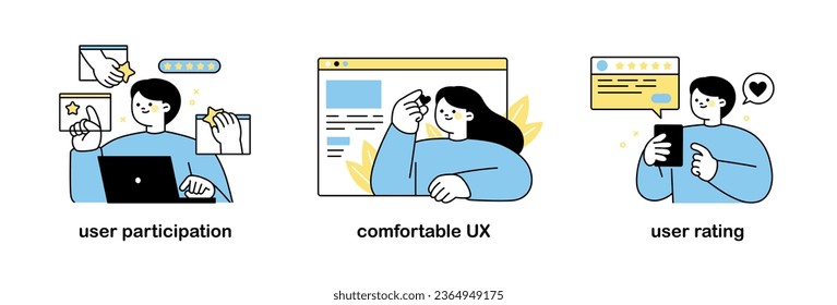 Software developer designer. user participation, comfortable UX, user rating. outline simple vector illustration.