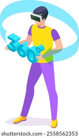 Software developer experiencing three hundred and sixty degree vision using virtual reality headset, exploring augmented reality, metaverse and innovative technology