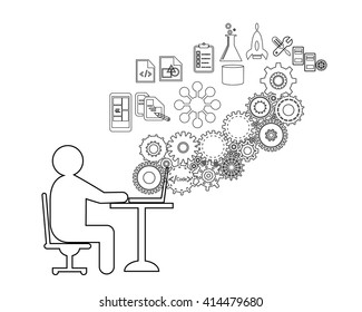 Software Developer Or Freelancer Is Coding, This Also Represents A Business Analyst Gathering Requirements, Tester Testing Code, Engineer Providing Application Support, Vector Illustration, Line Art