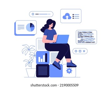 Software developer Freelancer working on web and application development on computers Business woman, smm manager, programmer, sit on infographic and work on laptop Flat style vector illustration