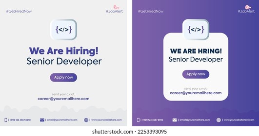 Software developer hiring. We are hiring senior developer. Apply now. software developer hiring announcement banner. programmer, coder job vacancy. programmer recruitment. purple gradient background. 