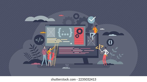 Software developer jobs and programming project teamwork tiny person concept. Coding and code writing for website or digital application vector illustration. Professional script typing occupation.
