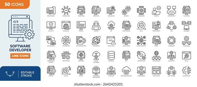 Conjunto de ícones editáveis da linha do Desenvolvedor de Software. Ilustração vetorial