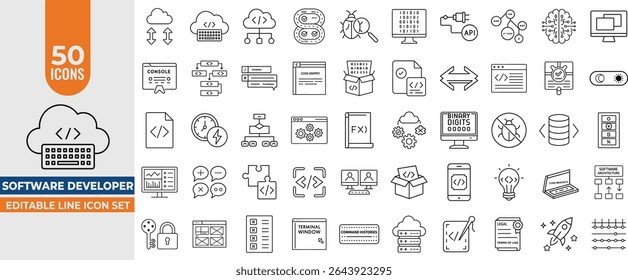 Software Developer Line Icon Set – Editable Vector Icons for Coding, Programming, Debugging, Tech, Terminal, Script and Tools. Editable Stroke. Vector illustration