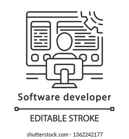Software developer linear icon. Coder. Software programmer, analyst. IT worker. Employee works at computer. Thin line illustration. Contour symbol. Vector isolated outline drawing. Editable stroke