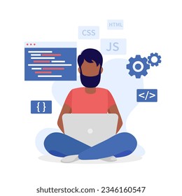 Software developer man. Man with a beard. Programming languages. Isolated on white background.	
